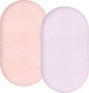 Synrroe 2 Pack Muslin Bassinet Fitted Sheets - 100% Cotton, Fits Oval/Rectangle/Hourglass Bassinet Mattresses, Pink & Purple, Soft Breathable Newborn Baby Bassinet Sheets