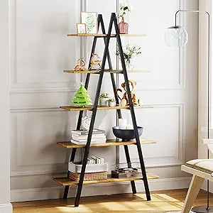 YOUDENOVA 5-Tier Ladder Bookshelf, Industrial A-Shaped Bookcase, Christmas Village Display Stand, Tall Ladder Shelf Storage Organizer for Living Room, Home Office, Black