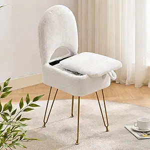 Gitrah White Vanity Chair with Storage, Folding Back Faux Fur Vanity Stool, Makeup Ottoman with Gold Legs for Bedroom/Bathroom