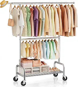 Heavy Duty Clothes Rack Load 660 LBS , Rolling Garment Rack with Lockable Wheels, Double Rod Extendable Clothing Rack with Adjustable Middle Rod & Storage Shelf for Bedroom, Laundry, Closet (Silver)