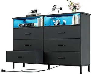 Black Dresser for Bedroom, 6 Drawer Dresser, Fabric Vertical Storage Tower with Fabric Bins with Open Shelves LED Light and Charging Station, Chest of Drawers for Closet Chests Organizer, Living Room