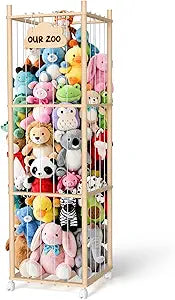 Stuffed Animal Storage with Wheels, Large Wooden Zoo Stuffed Animal Organizer, Rolling Plush Toy Holder for Toddler Rooms, Playrooms & Bedrooms