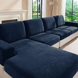 Velvet Plush Couch Cushion Covers,luxurious Anti-Slip Seat Cushion Cover for Sectional Sofa - Soft, Washable, Pet-Friendly Modular Furniture Protector for Living Room (1 Pc Chaise Cover, Navy)