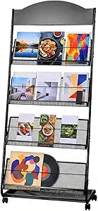 4-Tier Heavy Duty Magazine Display Rack School Furniture - Metal Brochure Holder with 4 Lockable Wheels, Detachable Literature Stand with Back Storage Floor Standing Rack (58.2" H25" W)