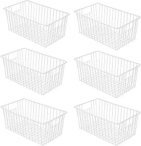 16inch Farmhouse Freezer Wire Baskets Organizer Storage Bins Large Organizer Baskets with Handles for Storage, Office, Kitchen, Pantry, Cabinet, Closets - Set of 6 (White 6)