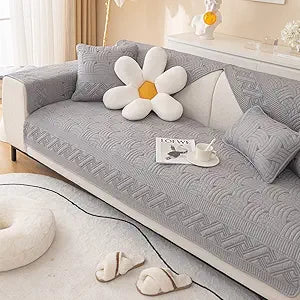 Farmhouse Cotton Quilted Sofa Cover Weave Pattern Embroidery Sectional Couch Cover Soft Nonslip Sofa Slipcover Furniture Protector Cover for Pets Kids Children Dog Cat (Gray,36"x70")