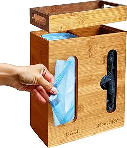 Under Sink Organizer for Kitchen Cabinet - Bamboo Trash Bag Dispenser & Bag Holder Pantry Organizer & Garbage Roll Holder for Cleaning Supplies, Apartment Essentials & Home Organization