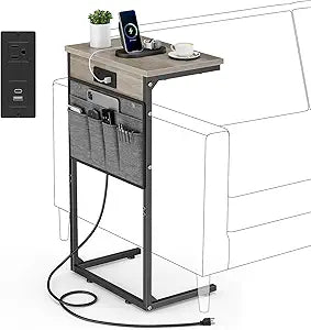 Vagusicc C Shaped End Table with Charging Station, 28" Tall Couch Side Table, Sofa Table Beside Table, Slide Under Sofa Arm C Table for Small Spaces, TV Tray Table for Living Room, Bedroom, Gray