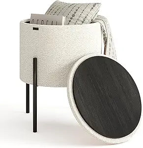 Round Ottoman with Storage, Boucle Storage Ottoman, Foot Stool Ottoman, Makeup Vanity Stool, Small Ottomans Foot Rest, Modern Ottomans for Living Room and Bedroom, Cream