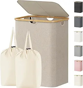 Lifewit 150L Laundry Basket with Lid, Clothes Hampers for Laundry with Bamboo Handles and 2 Removable Bag, Large Foldable Laundry Hamper for Bedroom, Bathroom, Dorm, Laundry Room, Beige