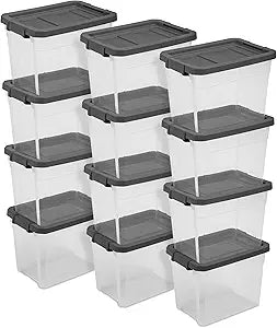 Sterilite 12-Pack Modular Stacker Box, Durable Clear Plastic Storage Bins with Latching Lids, 30 Quart - Stackable Organizing Container Boxes for Closet, Bathroom, and Office