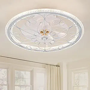 NORFOLK 20'' Ceiling Fans with Lights and Remote, Low Profile and Flush Mount Modern Lighting Fan, Bladeless Caged Fandelier, 6 Speeds and 3 Colors LED Light