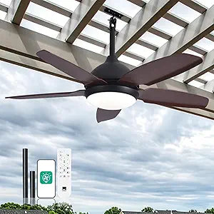 Orison 42" Plug-in Outdoor Ceiling Fan with Light, 5-Blade Hanging Patio Fan for Gazebo Porch, IP44 Waterproof, Quiet DC Motor, 6-Speed, App & Remote Control, Dimmable LED, Reversible, Wood