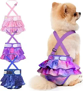 Idepet Female Dog Diapers with Suspender Detachable, 3 Pack Tie Dye Washable Reusable Girl Doggie Diapers Skirts for Small Medium Female Dog in Heat Period Cycle Urinary Incontinence Training XL