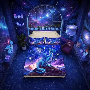 Homewish Dragon Fitted Sheet Twin Size,Starry Sky Mountains Bedding Set for Kids Girls Boys Room Decor,Blue Purple Western Magical Bed Sheet 2Pcs,Wild Animal Trippy Sheet Set,1 Pillowcase