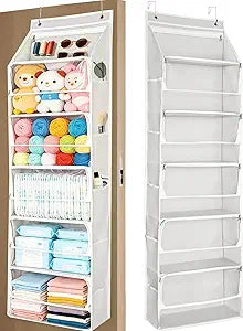 Over Door Storage Bag with Zippered Closure, 6 Tier Hanging Organizer, Behind Door Stuffed Animal/Toy/Plush Holder, Clear Window, Home Organization for Bathroom/Bedroom/Closet/Nursery, 1Pack,Beige