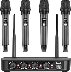 Aveek Wireless Microphone System with 4-Pack Dynamic Handheld Mics, 262ft Long Range, 40-Hour Battery, Low Latency Studio Sound for Karaoke, Singing, Speech, Church, Stage, Wedding, DJ & Events
