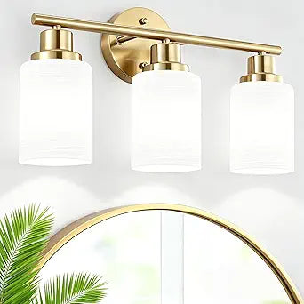 3-Light Bathroom Light Fixtures, Vanity Lights for Mirror with Textured Milky White Glass Shade, Modern Kitchen Light Fixtures Wall Sconce Light - E26 Base - Brushed Gold