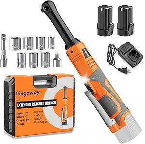 3/8" Electric Ratchet Wrench Set, Extended Long Neck Cordless Ratchet, 16V 45 ft-lbs Power Ratchet Kit, 600 RPM, 2 Batteries, LED, 9-Piece Accessory Set & Toolbox for Auto Repair