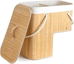 Stair Basket with Lid & Handle Staircase Storage Basket for Wooden & Carpeted Stairs, Foldable Step Baskets for Stairs, Bamboo Storage Bin Organizer for Toys, shoes & Books (Natural Bamboo)