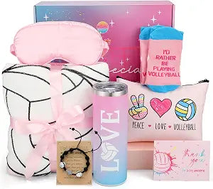 Geiserailie 8 Pcs Volleyball Gifts Set for Women Teen Girls 50 x 60'' Flannel Blanket Makeup Bags Crew Socks 20 Oz Stainless Steel Tumbler for Volleyball Lovers Coach Team Players Athletes
