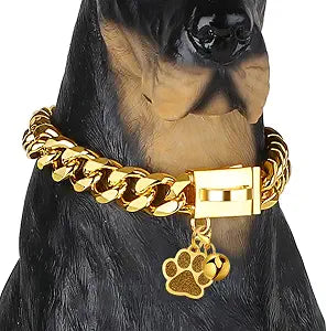 Gold Chain Dog Collar Cuban Link Dog Chain 15mm with Secure Snap Buckle 18K Gold Plated Stainless Steel Metal Dog Chain Collars for Puppy Small Medium Large Dogs Includes Dog tag & Bell(24")