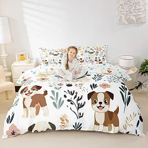 Feelyou Cute Puppy Dog Duvet Cover Kids Toddler Queen, Dog Animal Bedding Set Dogs and Flowers Comforter Cover Botanical Plant Bedspread Cover Durable Quilt Cover (No Comforter)