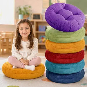 Degrees of Comfort 6Pcs Round Floor Cushions for Kids, Waterproof Flexible Seating for Classroom Elementary, Safe Smolder Resistance Sitting Pillows with Handles, 15-inch, Assorted