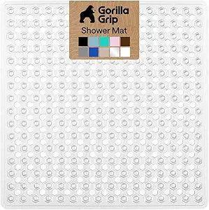 GORILLA GRIP Patented Square Shower Stall Mat, Small Bathtub Floor Mats for Stand Up Showers with Suction Cups and Drainage Holes, Machine Wash, Soft on Feet, Bathroom Accessories 21x21 Inch, Clear