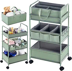 Honeydak 2in1 Baby Diaper Caddy Organizer Cart 3 Tier Large Capacity Metal Utility Bedside Rolling Cart with Divider Newborn Registry Nursery Essential Must Have Crib Bedroom Baby Shower(Green)