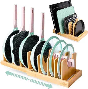 Pots and Pans Organizer under Cabinet, Bamboo Expandable Bakeware and Cutting Board Organizers, Adjustable Pot Lids Holder Rack, Cookie Sheet Baking Pan, Tray Organizer for Kitchen Storage (Natural)