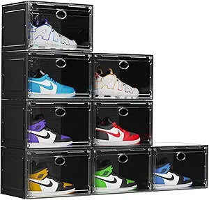 KEFA XL Shoe Storage Box Organizer, 8 Pack Shoe Boxes Clear Plastic Stackable, Sneaker Display Case Container Fit for US 13 (Side 8 PACK BLACK)