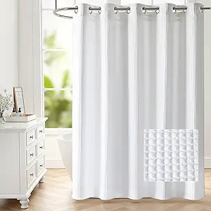 River Dream Waffle No Hooks Shower Curtain with Snap in Liner,Cotton Blend Fabric Shower Curtain for Bathroom,Hotel Quality,White,71 Wx 74 L