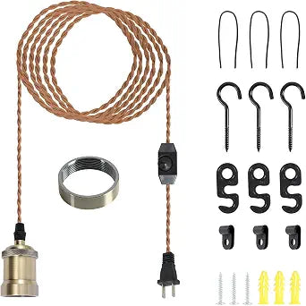 Plug in Pendant Light Cord hanging light kit with dimmer switch,Farmhouse Hanging Lights19.69 ft power cord length,Hemp Rope Plug in Hanging Light ,suitable for kitchen island,dining room,hallway