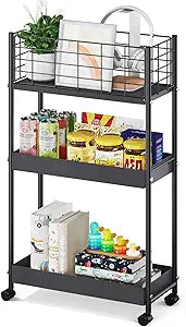 Slim Rolling Storage Cart, 3 Tier Heavy Duty Metal Utility Cart, Black