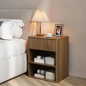Nightstand Bedside Table Storage Drawer - Large Mid Century Modern Night Stand with Fluted Wood Storage Drawer and Open Shelf Bed Side Table for Bedroom Study Room, Walnut Brown, Set of 1