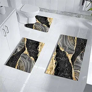 MUGINYU Black and Gold Rug for Bathroom Decor,Black and Gold Bathroom Rugs Sets 3 Piece,Marble Decor Thin Rubber Diatomaceous Earth Quick Dry Rugs with U-Shaped Contour Toilet Mat