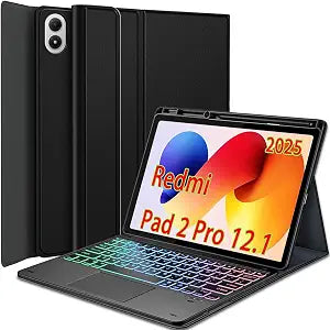 Touchpad Keyboard Case for Xiaomi Redmi Pad 2 Pro 12.1 Inch 2025 Tablet, 7 Color Rainbow Backlight Detachable Bluetooth Trackpad Keyboard Folio Smart Cover with Pen Holder