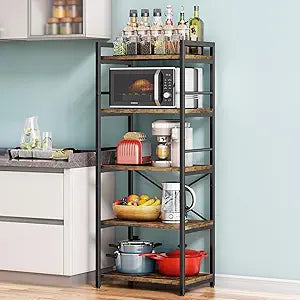 Denkee 5-Tier Bakers Rack with Storage, Kitchen Microwave Stand Shelf, Coffee Bar for Small Spaces, Free Standing Kitchen Storage Shelf Rack, 23.62" L x 15.75" W x 60.24" H