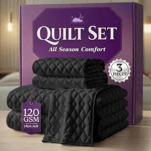 King Quilt Bedding Set - Cloud Soft All-Season Bedspread 3 PC w/Shams, Bed Quilt King Size Coverlet - Oversized, Light Weight, Ultra Durable, Easy Care - 106 x 96 in (Black)