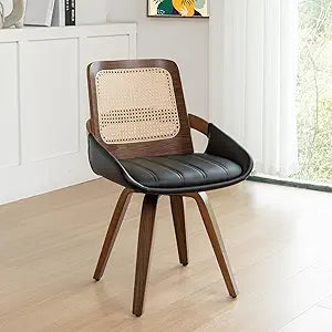 Set of 1 Swivel Rattan Dining Chair - Mid Century Modern Dining Chair with Bentwood Frame, Ergonomic Cane Back, Curved Arms, Faux Leather Swivel Chair for Kitchen/Restaurant (Walnut Black, Set of 1)