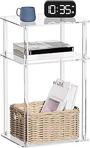 HMYHUM Acrylic End Table, 14" L x 11.5" W x 23.2" H Clear Lucite Side Table for Small Spaces Nightstand Bedside Table for Living Room, Bedroom, 3 Tier, Clear