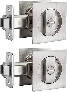 goldenwarm Brushed Nickel Pocket Door Lock, Privacy Square Pocket Door Hardware Not-Adjustable 2-3/8" Latch, Pocket Door Handles for Pocket Doors Sliding Doors 2 Pack