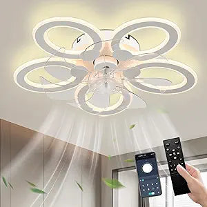 LED Ceiling Fan with Light Low Profile Ceiling Fan with Light White Flush Mount Fandelier 6 Speeds 3 Color Dimmable White Fan for Bedroom Kids Room Living Room