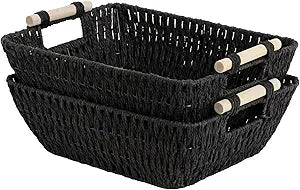StorageWorks Large Wicker Storage Basket for Organizing with Wooden Handles, Toilet Paper Baskets for Shelf, Black, 2-Pack