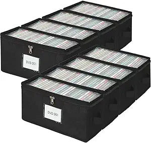 8 Pack Durable Fabric DVD Storage Box with Clear PVC Lid, Holds 25 Standard DVD Cases, Sturdy Non-Woven Fabric with Cardboard Support for Movie Collection, Black