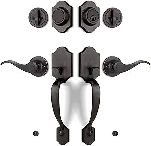 Double Front Door Handle Set with Dummy and Deadbolt, Entry Front Door Lock Set with Classic Half Grip Curved Door Handle for Exterior Doors or Office, Oil Rubbed Bronze