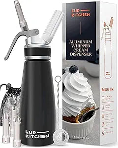 EurKitchen Professional Aluminum Whipped Cream Dispenser - Leak-Free Whip Cream Maker Canister with 3 Decorating Nozzles & Cleaning Brush - 1-Pint / 500 mL - N2O Chargers (Not Included)