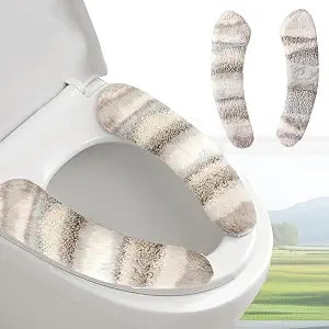 Thick and Warm Plush Toilet Seat Cover Washable, Reusable Cushion with TPR Adhesive & Parallel Stripe Design for Comfort & Insulation (Grey)