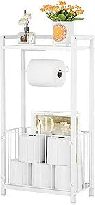 Freestanding Toilet Paper Holder with Storage Shelf - Bathroom Tissue Stand with Space for Phone Wipes Magazines All-in-One Toilet Roll Dispenser and Organizer (White)